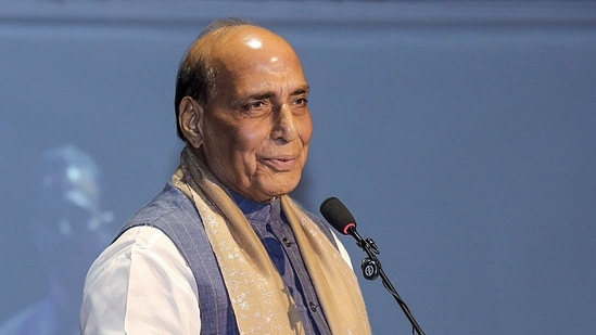 Union defence minister Rajnath Singh addresses an event in Noida, UP.