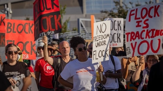 A protest against Flock Safety was held outside the Atlanta hotel where the annual Flock Forward 2026 conference took place.