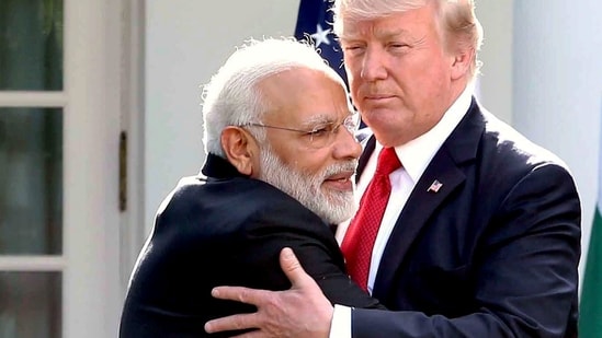 Prime Minister Narendra Modi and Donald Trump exchange greetings at a joint press conference in Washington. (PTI)
