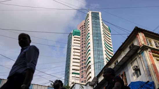 The Bombay Stock Exchange (BSE) building, back, in Mumbai