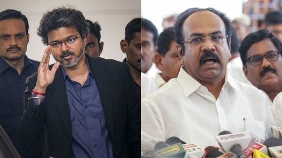 While the Vijay-led party directed the ‘G Square Maapilai’ jibe towards the opposition party, the DMK responded with the “lottery son-in-law” remark.(PTI photos)