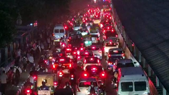 Massive traffic snarl on Rajiv Chowk-Sohna Road on Monday. (ANI Video Grab) Massive traffic snarl on Rajiv Chowk-Sohna Road on Monday. (ANI Video Grab)