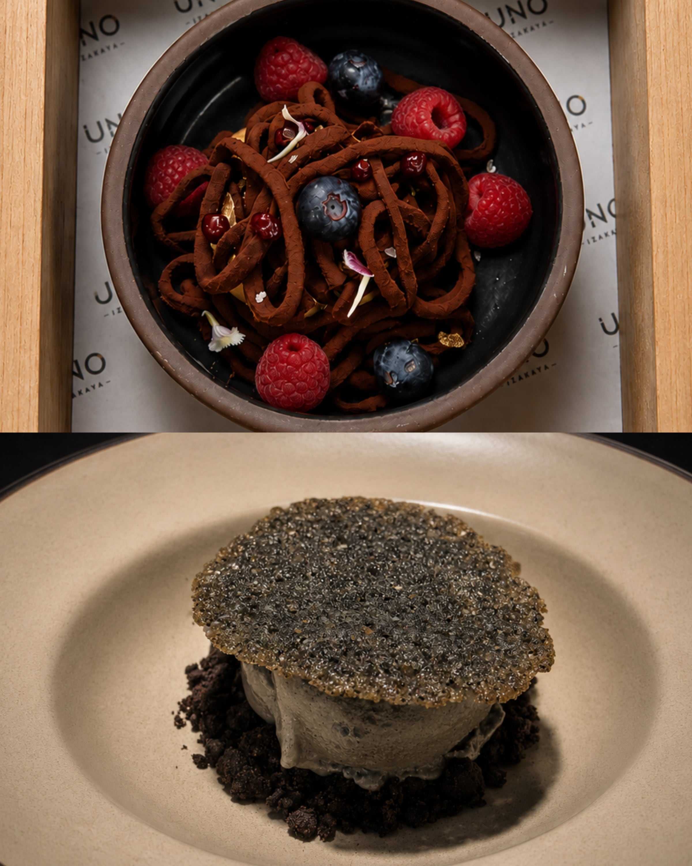 Top: choco udon — cocoa 'udon' strands garnished with fresh berries and edible gold leaf; bottom: kurogoma ice cream, black sesame ice cream on a cocoa crumble with sesame tuile. Top: choco udon — cocoa 'udon' strands garnished with fresh berries and edible gold leaf; bottom: kurogoma ice cream, black sesame ice cream on a cocoa crumble with sesame tuile.
