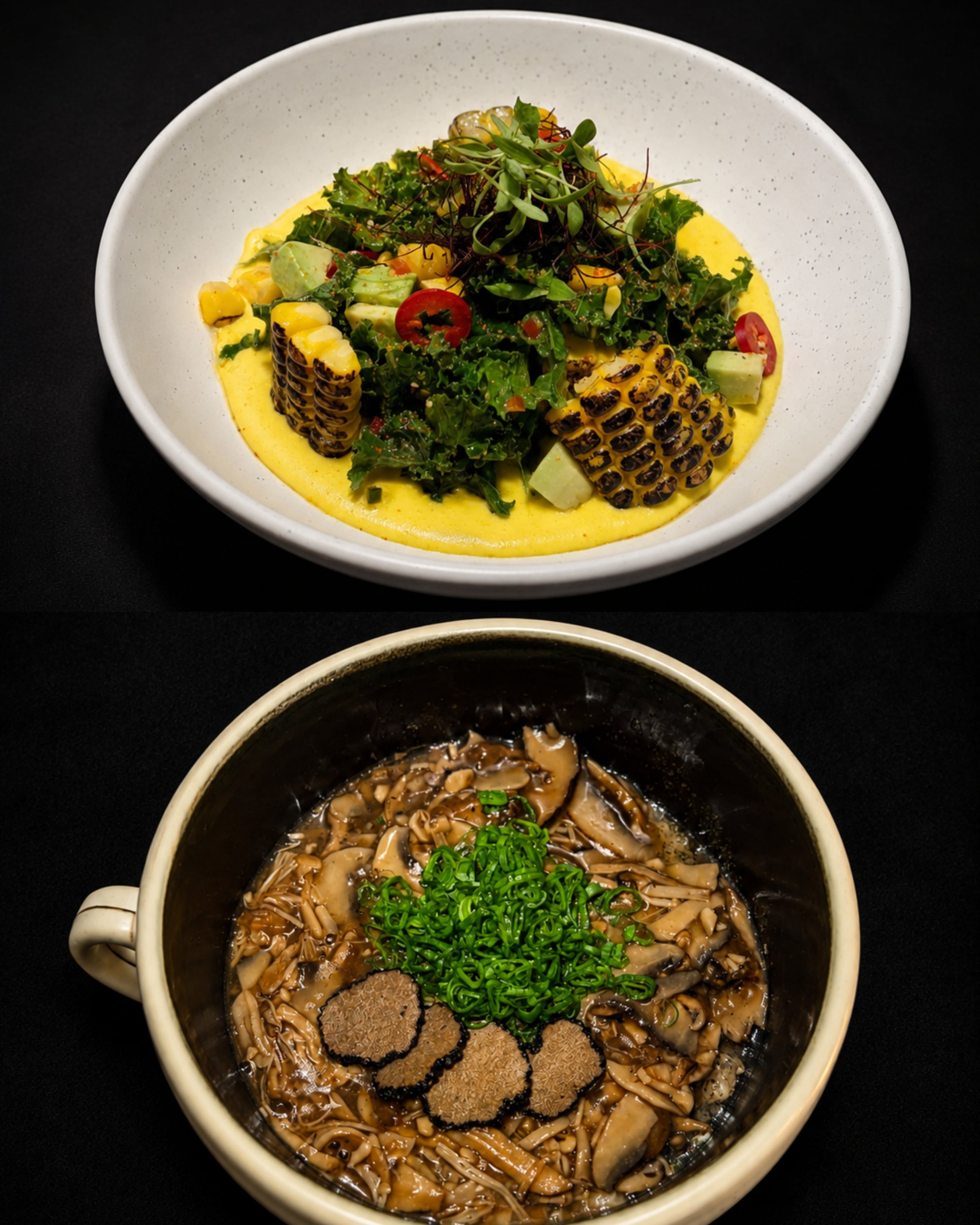Top: corn and kale salad with scorched sweet corn and kale in Japanese dressing; bottom: truffle mushroom takikomi, a rice pot topped with wild mushrooms and fresh black truffle. Top: corn and kale salad with scorched sweet corn and kale in Japanese dressing; bottom: truffle mushroom takikomi, a rice pot topped with wild mushrooms and fresh black truffle.