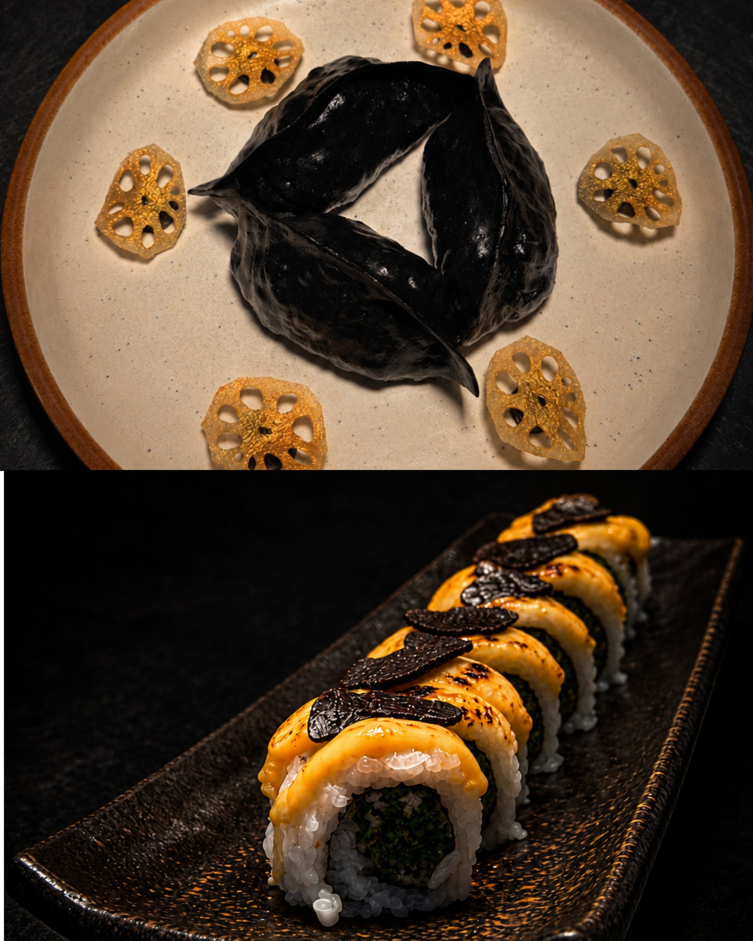 Top: jet-black mushroom dumplings paired with golden lotus root chips; bottom: shiro kuro, a progressive roll topped with creamy char and black truffle. Top: jet-black mushroom dumplings paired with golden lotus root chips; bottom: shiro kuro, a progressive roll topped with creamy char and black truffle.