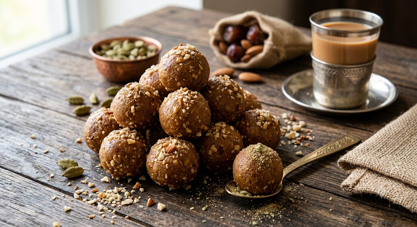 Besan laddoos made using jaggery cuts down on refined sugar and provides plant protein from chickpeas, (AI generated image)