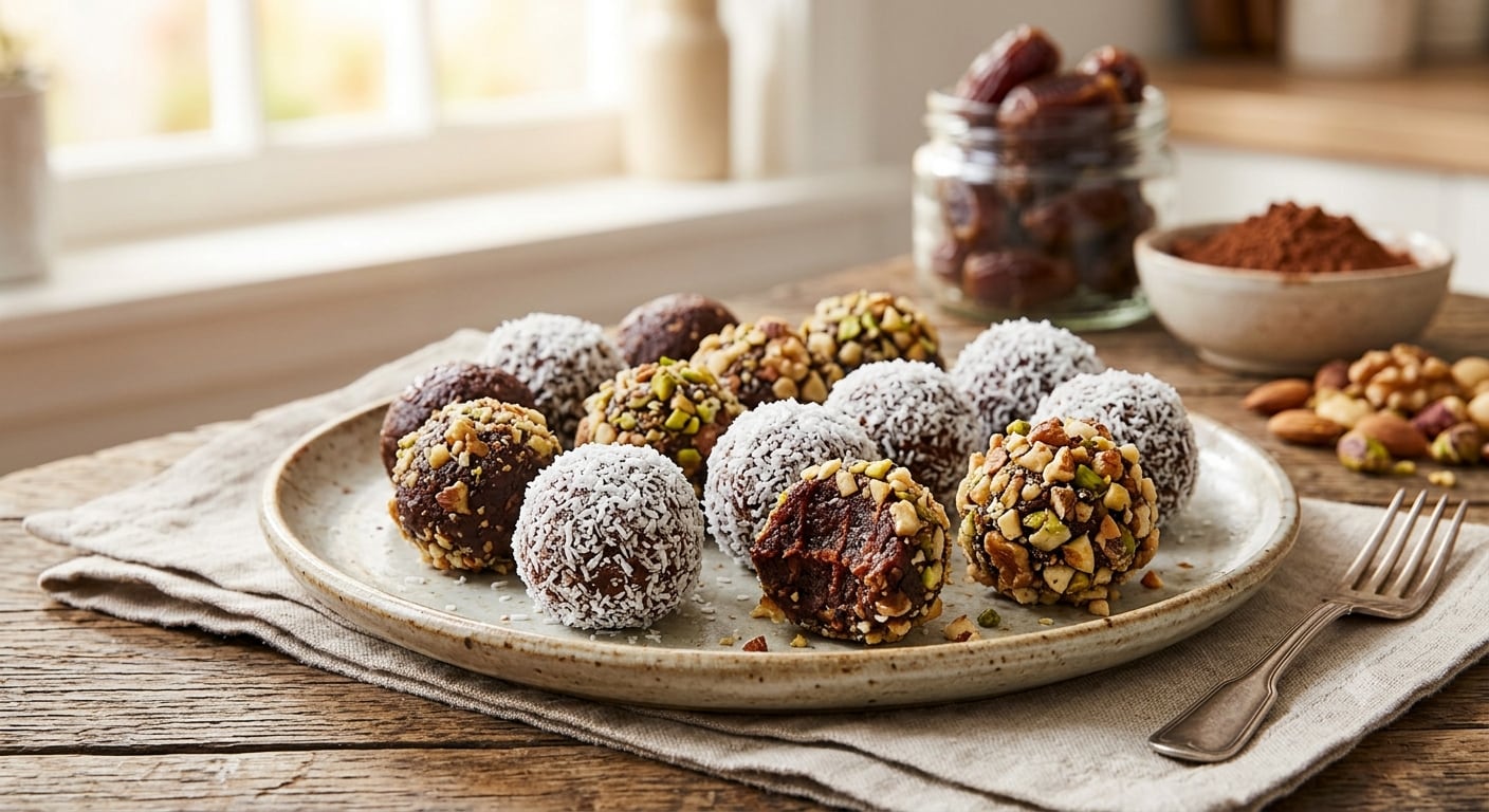 Homemade date chocolate bites deliver the goodness of flavanols from unsweetened cocoa. (AI generated image)