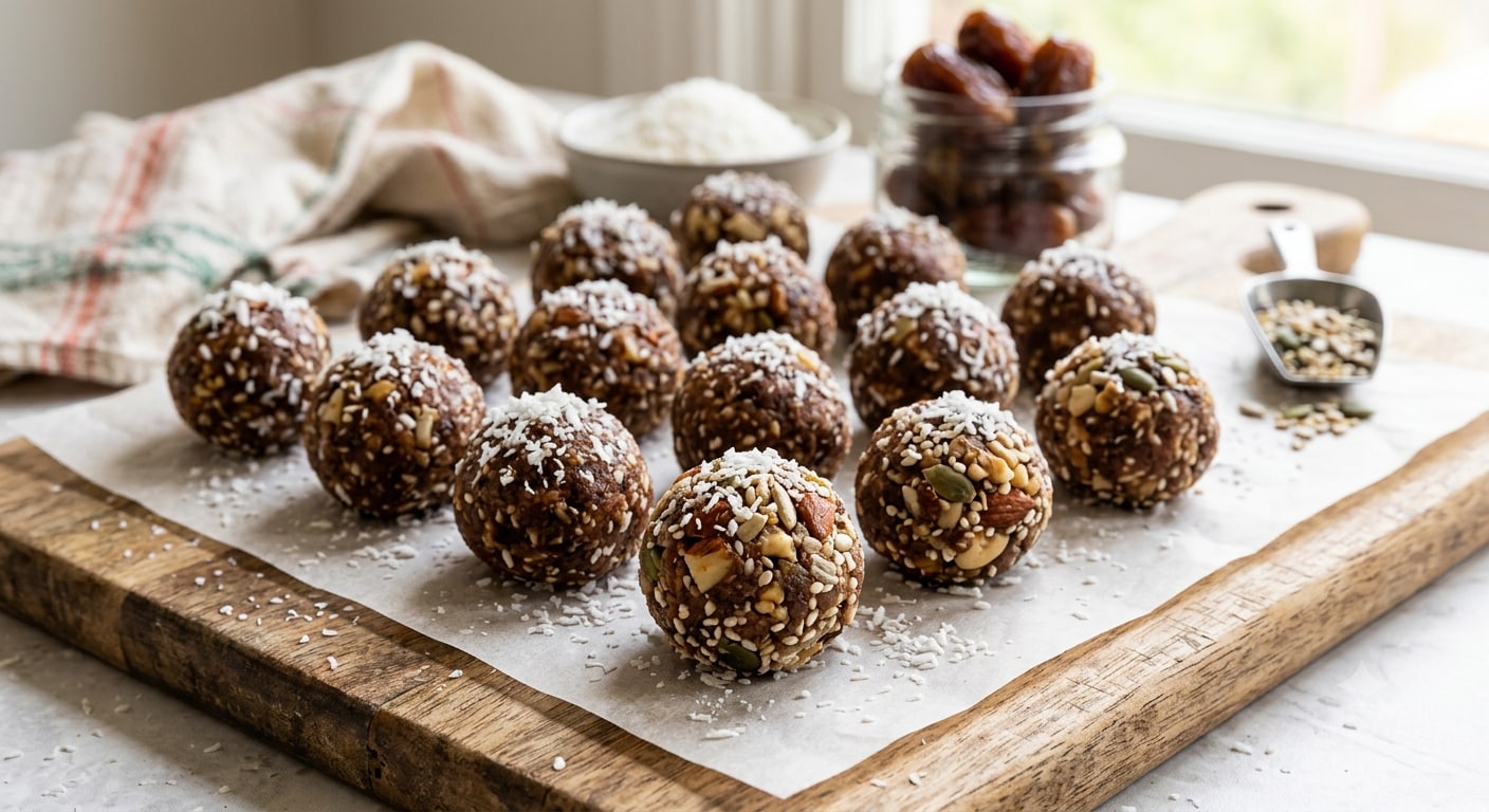 Coconut date bites deliver natural sweetness along with healthy fats and other nutrients. (AI generated image)
