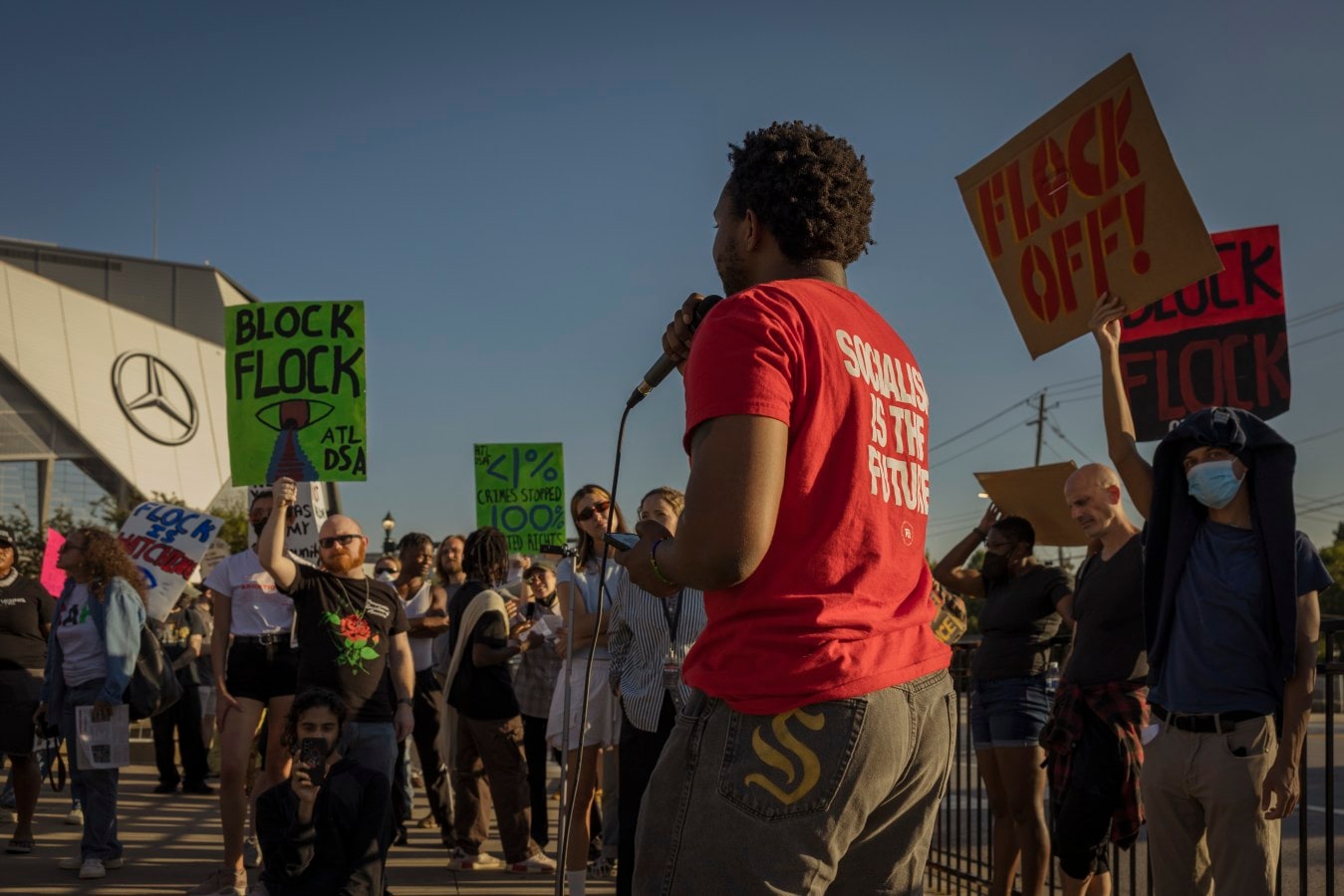 A protest against Flock Safety was held outside the Atlanta hotel where the annual Flock Forward 2026 conference took place.