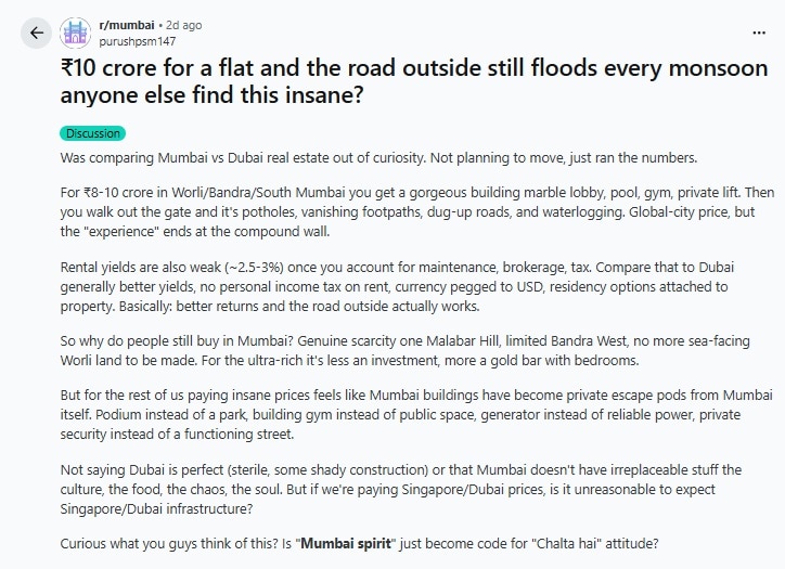 Mumbai real estate market’s soaring property prices have sparked an online debate after a Reddit user questioned whether homebuyers paying  ₹8 crore-  ₹ 10 crore or more for apartments. (Reddit Post)