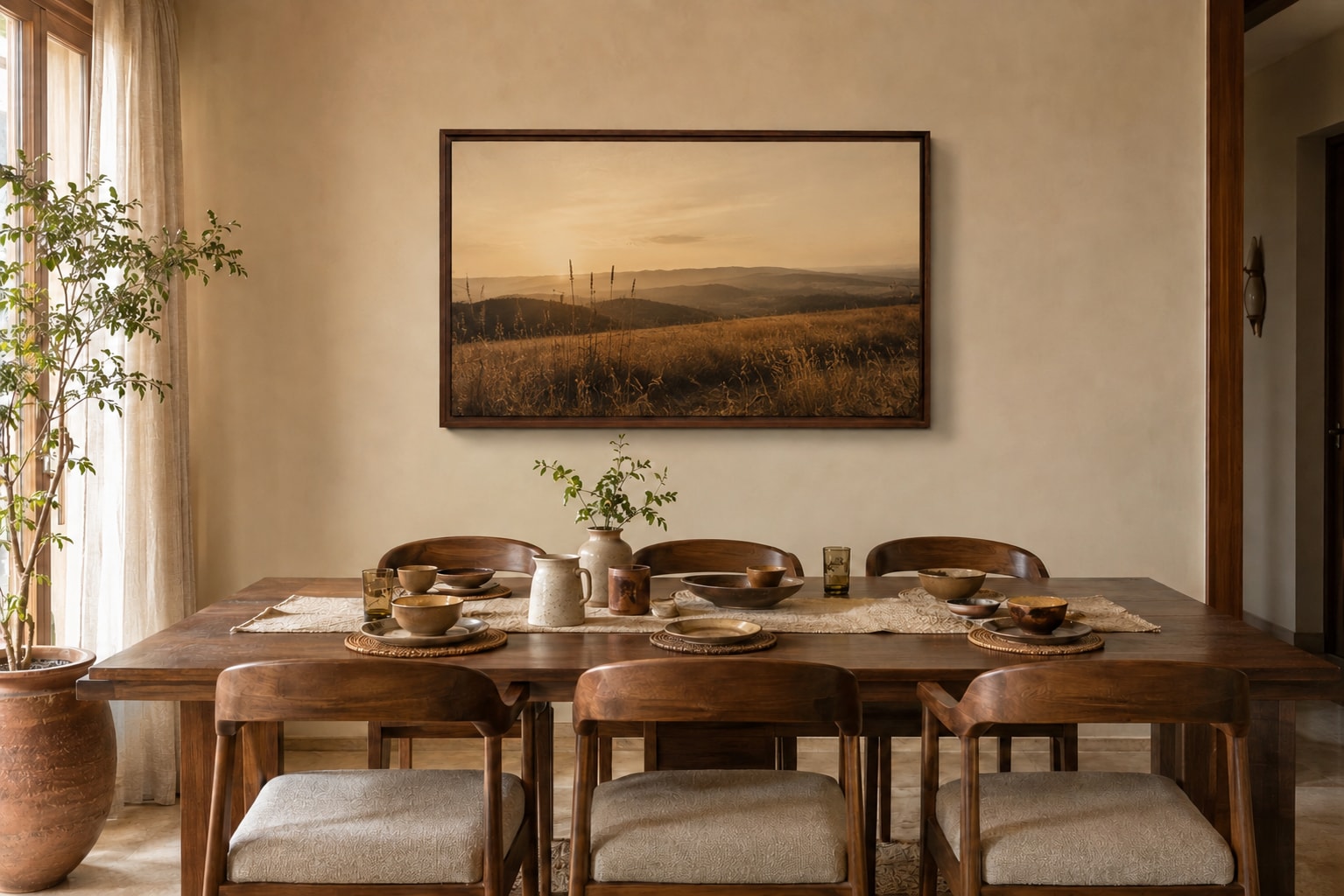 Warm and rustic vibes get accentuated with a landscape artwork. (Picture credit: AI generated) Warm and rustic vibes get accentuated with a landscape artwork. (Picture credit: AI generated)