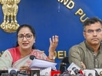 Delhi Chief Minister Rekha Gupta, along with Delhi Cabinet Minister Parvesh Verma, addresses a press conference at the Delhi Secretariat, in New Delhi.