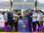 Rekha Gupta, Chief Minister of the Govt of NCT of Delhi and Rohan Jaitley, President, DDCA with the DPL trophy