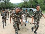 Nepal Army personnel conduct a rescue operation following a flash flood caused by an outburst in the Bhotekoshi River, on Wednesday.(ANI)