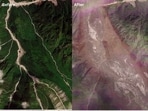 A combination of satellite images shows the valleys near the Nepal-China border on August 25, 2026, before the devastating floods and on August 26, 2026, after the disaster. (Planet Labs via Reuters)