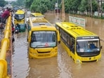On Monday, at least 14 private school buses with schoolchildren from nursery to Class 12 were stranded for nearly five to six hours across Gurugram. (Hindustan Times)
