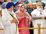 Shiromani Akali Dal president Sukhbir Singh Badal,MP Bathinda Harsimrat Kaur Badal arrived at Takht Sri Damdama Sahib to pay his obeisance,Punjab, on Monday. (Sanjeev Kumar/HT)