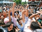 Students campaigning during the students council election at UIET South Campus, Sector 25 in Chandigarh on Tuesday. (Keshav Singh/HT)