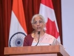 Union finance ministr Nirmala Sitharaman delivers the keynote address during an interaction with business community members of the Indian diaspora, in Toronto, Canada (@FinMinIndia via PTI)