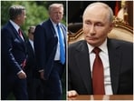CIA chief John Ratcliffe seen with US President Donald Trump (L); Russian President Vladimir Putin on the right.