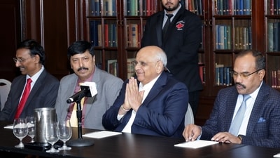 Gujarat Chief Minister Bhupendra Patel greets during a meeting with entrepreneurs, startup founders, and members of TiE Toronto, in Toronto on Monday. (@Bhupendrapbjp X) Gujarat Chief Minister Bhupendra Patel greets during a meeting with entrepreneurs, startup founders, and members of TiE Toronto, in Toronto on Monday. (@Bhupendrapbjp X)