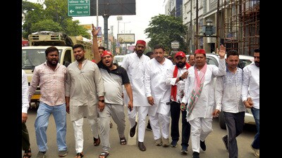 As large hoardings were found on the unipoles, party officials alleged it was part of a planned conspiracy to malign their party chief’s image. (Sakib Ali/HT Photo) As large hoardings were found on the unipoles, party officials alleged it was part of a planned conspiracy to malign their party chief’s image. (Sakib Ali/HT Photo)