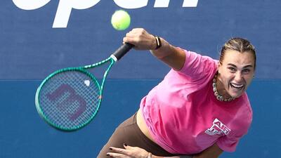 Belarus' Aryna Sabalenka trains at the USTA Billie Jean King National Tennis Center in New York on Tuesday. (AFP) Belarus' Aryna Sabalenka trains at the USTA Billie Jean King National Tennis Center in New York on Tuesday. (AFP)