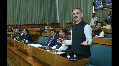 Chief minister Sukhvinder Singh Sukhu addressing the assembly during the monsoon session in Shimla on Tuesday. (Deepak Sansta/HT)