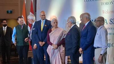 Finance Minister Nirmala Sitharaman at a reception in Toronto on Tuesday evening. (HT Photo)