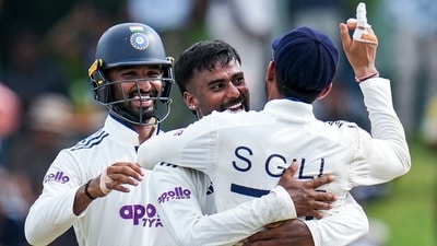 Manav Suthar was once again the pick of the bowlers in the second innings by claiming a couple of wickets. (PTI) Manav Suthar was once again the pick of the bowlers in the second innings by claiming a couple of wickets. (PTI)