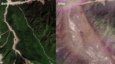 A combination of satellite images shows the valleys near the Nepal-China border on August 25, 2026, before the devastating floods and on August 26, 2026, after the disaster. (Planet Labs via Reuters)
