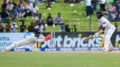 Pasindu Sooriyabandara charged down the track to a wide delivery from spinner Manav Suthar, but missed it completely and was stumped for 92, falling eight short of a well-deserved century. (PTI) Pasindu Sooriyabandara charged down the track to a wide delivery from spinner Manav Suthar, but missed it completely and was stumped for 92, falling eight short of a well-deserved century. (PTI)