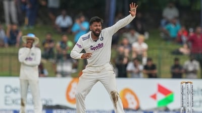 India bowled Sri Lanka out for 290 on Day 4 and enforced the follow-on in the second and final Test in Colombo on Wednesday. India had earlier declared their first innings at 503/9. Debutant spinner Saransh Jain wrapped up Sri Lanka’s innings by claiming the final two wickets. (AP Photo) India bowled Sri Lanka out for 290 on Day 4 and enforced the follow-on in the second and final Test in Colombo on Wednesday. India had earlier declared their first innings at 503/9. Debutant spinner Saransh Jain wrapped up Sri Lanka’s innings by claiming the final two wickets. (AP Photo)