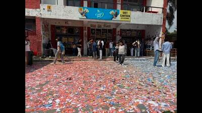 The area near a canteen strewn over with stickers during poll campaign of various parties at Panjab University on Wednesday. (HT Photo) The area near a canteen strewn over with stickers during poll campaign of various parties at Panjab University on Wednesday. (HT Photo)