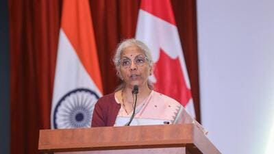 Union finance ministr Nirmala Sitharaman delivers the keynote address during an interaction with business community members of the Indian diaspora, in Toronto, Canada (@FinMinIndia via PTI)