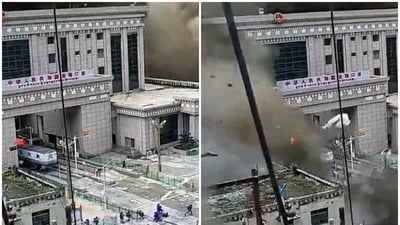 A CCTV footage shows people running away as wall of mud and water destroys buildings in a valley at Nepal-China border, in Gyirong, Tibet region. (Screengrab/X)