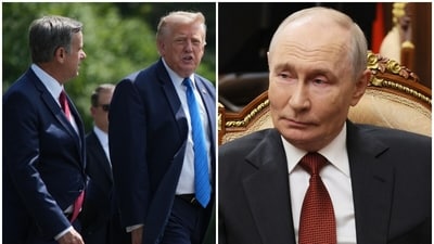 CIA chief John Ratcliffe seen with US President Donald Trump (L); Russian President Vladimir Putin on the right.