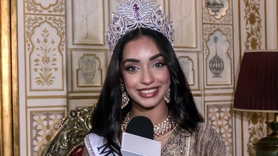 Newly crowned Miss Universe India 2026 Kaziah Liz Mejo speaks to the media in Jaipur on August 26, 2026.