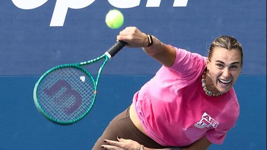 Belarus' Aryna Sabalenka trains at the USTA Billie Jean King National Tennis Center in New York on Tuesday. (AFP)