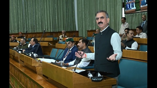 Chief minister Sukhvinder Singh Sukhu addressing the assembly during the monsoon session in Shimla on Tuesday. (Deepak Sansta/HT)