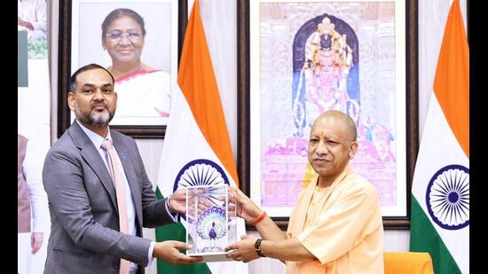 Chief minister Yogi Adityanath during the signing ceremony of a memorandum of understanding (MoU) under the World Bank-funded UP-AGREES project, in Lucknow on Wednesday. (@myogiadityanath X/ANI Photo)