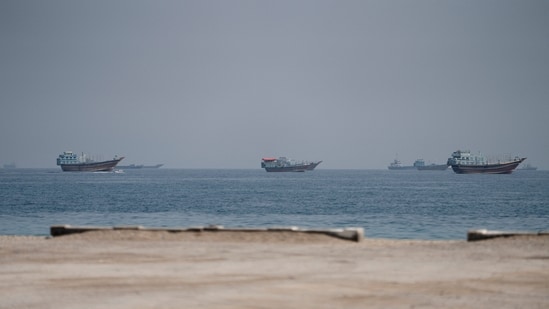 Vessels near the Strait of Hormuz, as seen from Musandam, Oman.