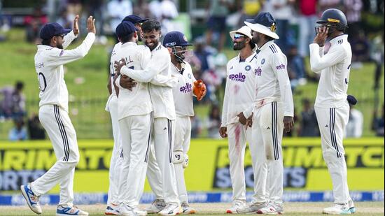 India's Manav Suthar celebrates after taking the wicket of Sri Lanka's Pasindu Sooriyabandara. (PTI)