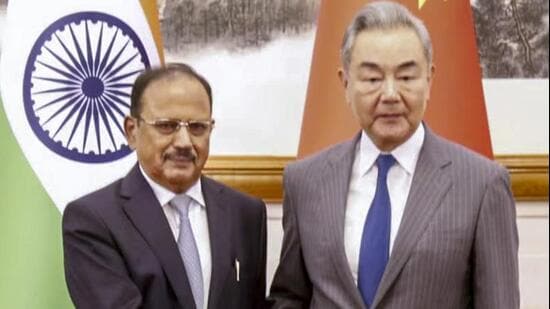 National Security Adviser (NSA) Ajit Doval with China foreign affairs minister Wang Yi ahead of the 25th round of Special Representatives (SR), in Beijing, China (Handout/PTI)