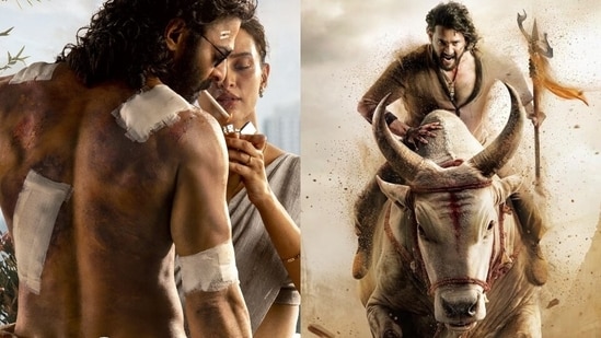 Prabhas and Triptii Dimri in a still from Spirit, Mahesh Babu in a still from Varanasi.