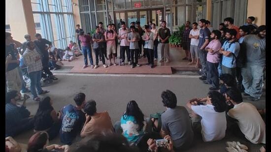 Students at IIT-Delhi during the third day of protests on Wednesday.