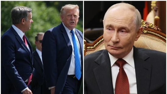 CIA chief John Ratcliffe seen with US President Donald Trump (L); Russian President Vladimir Putin on the right.
