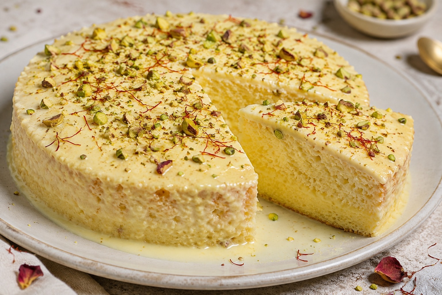 Saffron pistachio milk cake recipe. (BarNaan, Connecticut) Saffron pistachio milk cake recipe. (BarNaan, Connecticut)