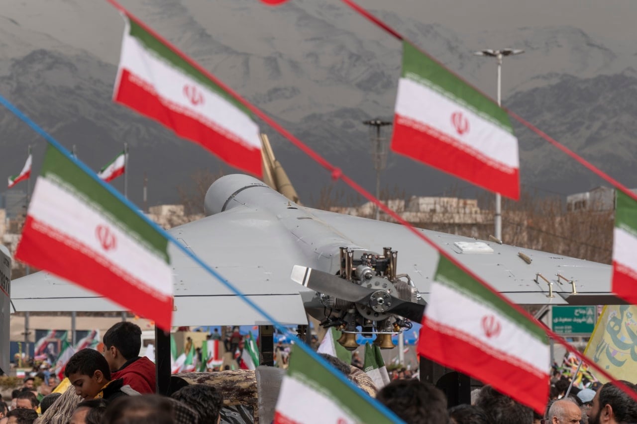 A Shahed drone was on display during a rally in Tehran in February.