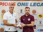 Mohun Bagan Super Giant head coach Panagiotis Dilmperis (left) and Samir Zeljkovic before the Indian Oil 135th Durand Cup final. 